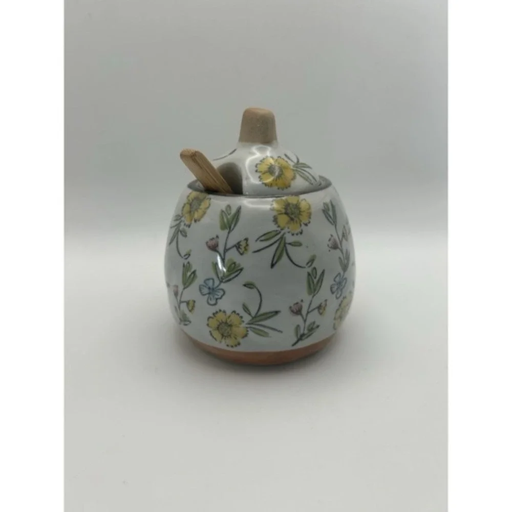 Creative Co-Op Hand Painted Spoon‎ & Lid Stoneware Sugar Pot Flower Design